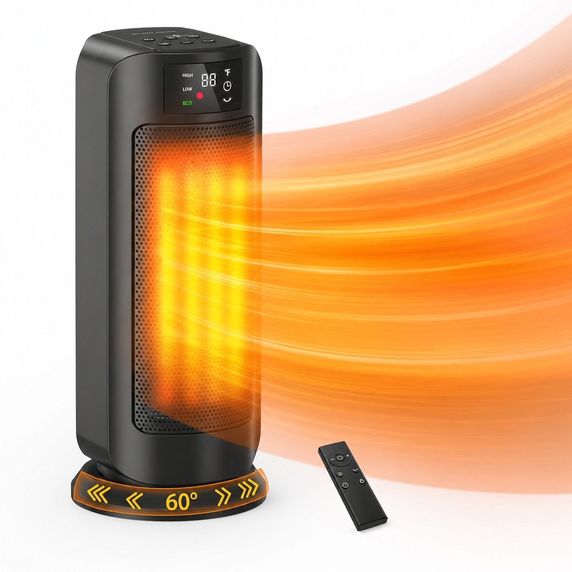 EdenDirect 1500W Ceramic Space Heater, 60° Oscillating, 24H Timer, ECO Mode, Digital Display and Remote